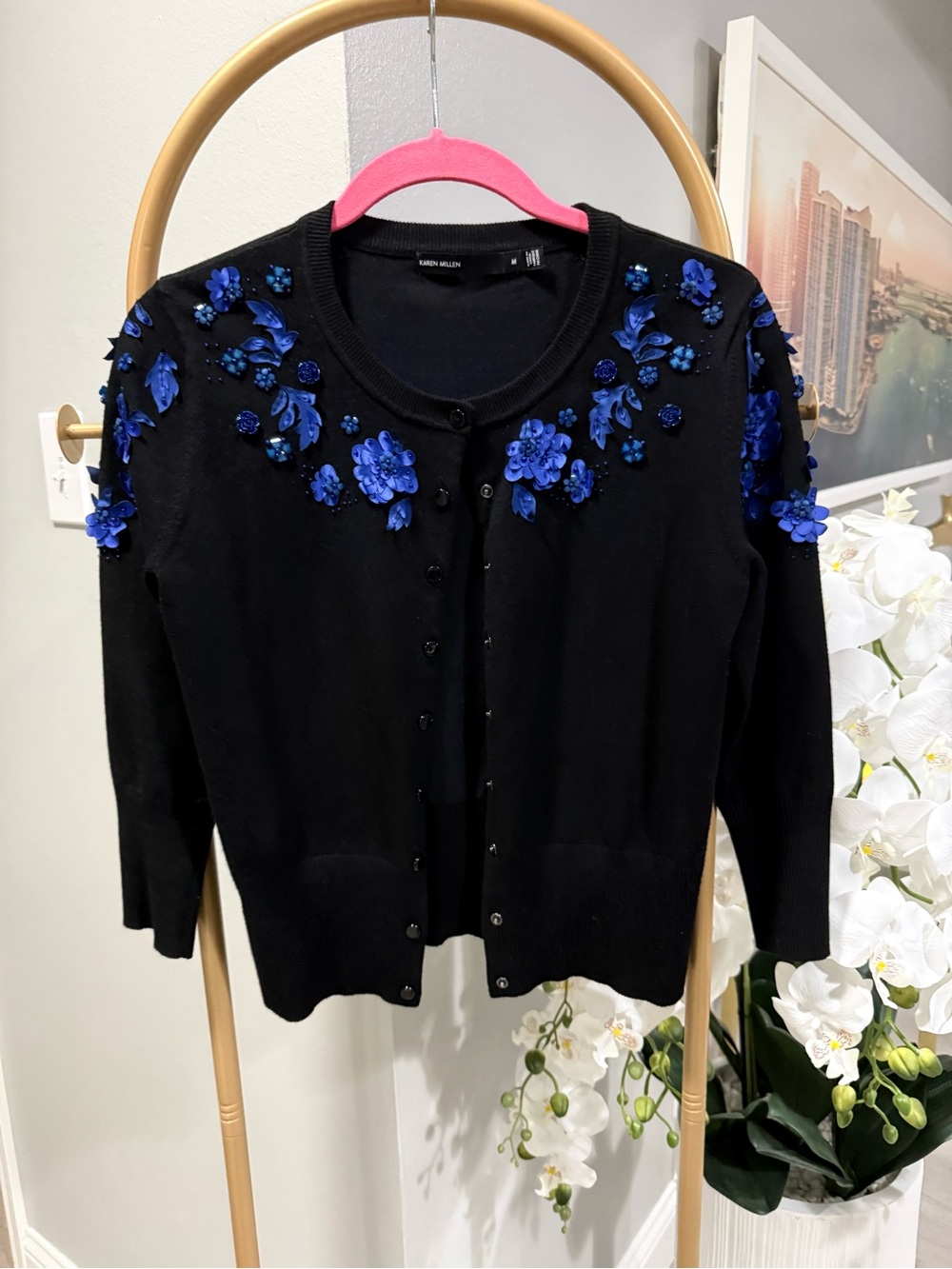 Karen Millen Black Cardigan with Blue Floral Appliqué size M